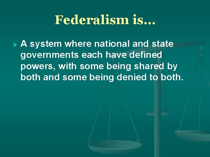 Federalism is… A system where national and state governments each have defined powers, with