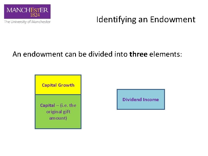 Identifying an Endowment An endowment can be divided into three elements: Capital Growth Capital
