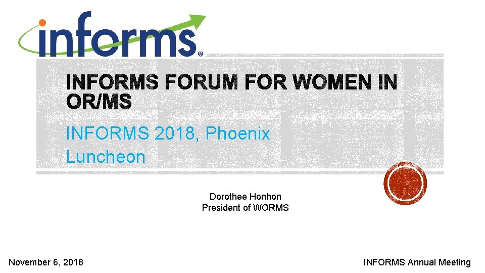INFORMS 2018, Phoenix Luncheon Dorothee Honhon President of WORMS November 6, 2018 INFORMS Annual