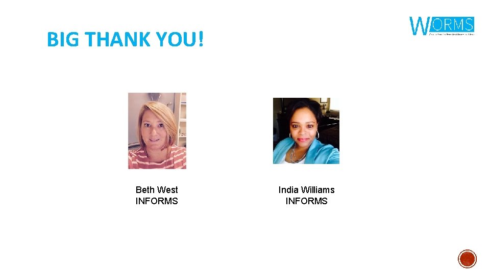 BIG THANK YOU! Beth West INFORMS India Williams INFORMS 