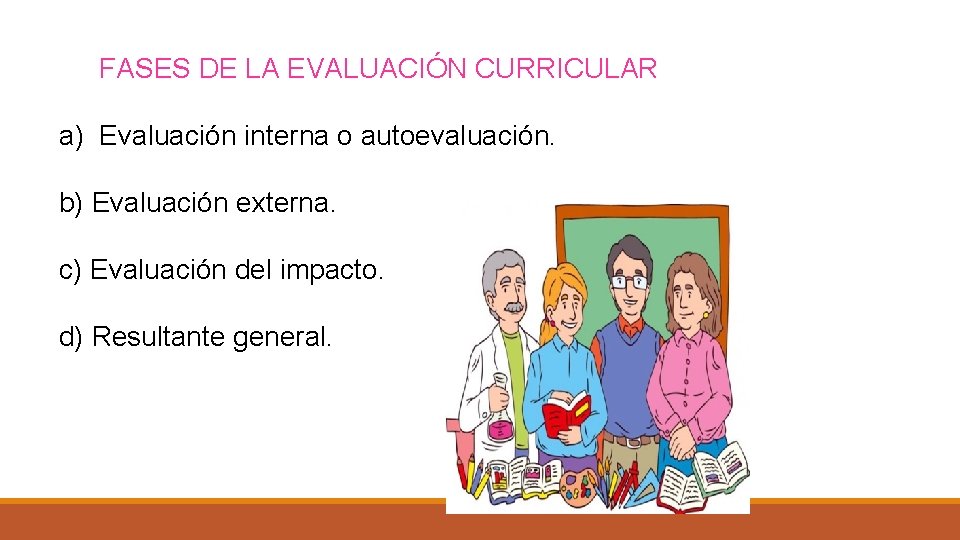 FASES DE LA EVALUACIÓN CURRICULAR a) Evaluación interna o autoevaluación. b) Evaluación externa. c)