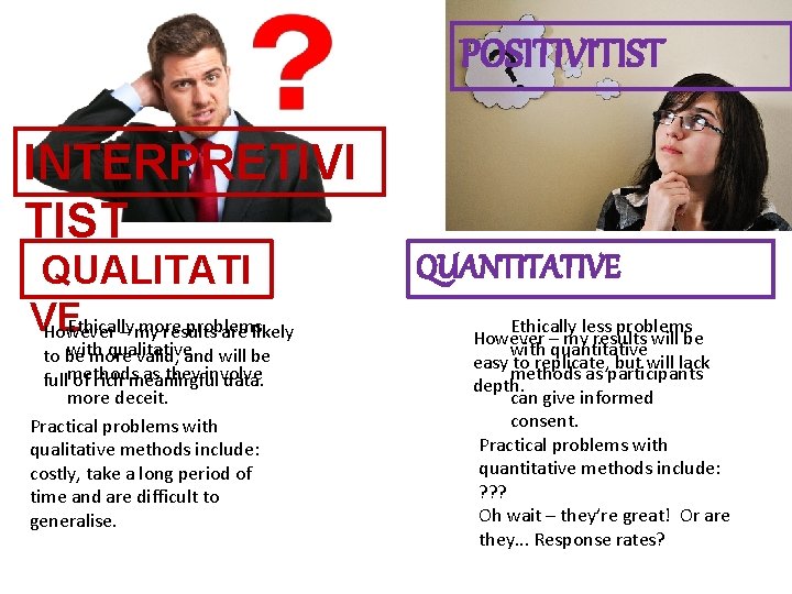 POSITIVITIST INTERPRETIVI TIST QUALITATI VE Ethically more problems However – my results are likely