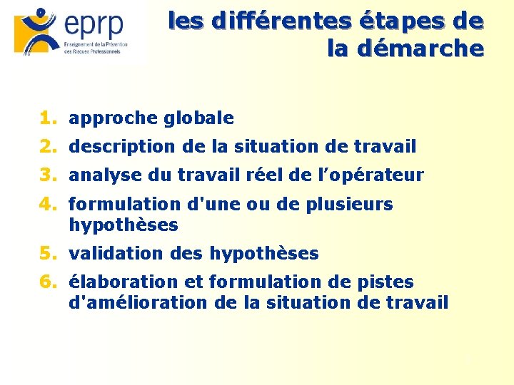 les différentes étapes de la démarche 1. approche globale 2. description de la situation