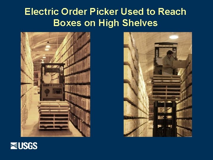 Electric Order Picker Used to Reach Boxes on High Shelves 