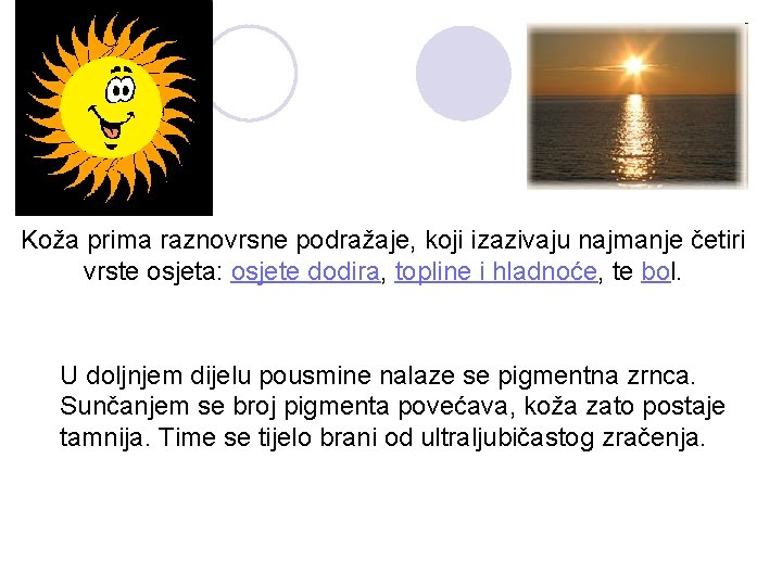 Koža prima raznovrsne podražaje, koji izazivaju najmanje četiri vrste osjeta: osjete dodira, topline i