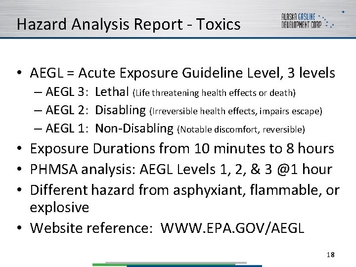 Hazard Analysis Report - Toxics • AEGL = Acute Exposure Guideline Level, 3 levels