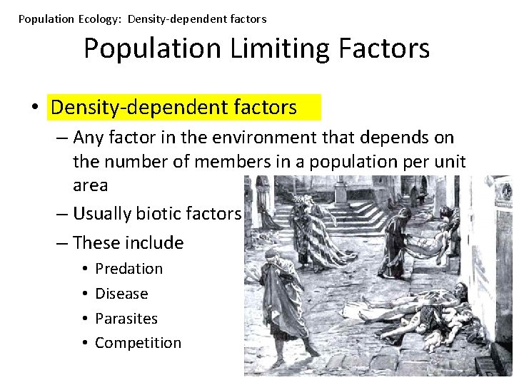 Population Ecology: Density-dependent factors Population Limiting Factors • Density-dependent factors – Any factor in