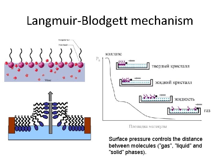 Langmuir-Blodgett mechanism Surface pressure controls the distance between molecules (”gas”, ”liquid” and ”solid” phases).