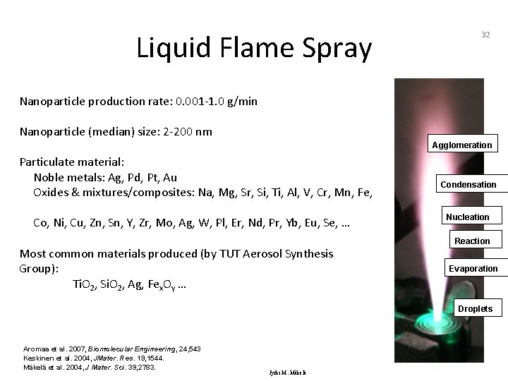 Liquid Flame Spray 32 Nanoparticle production rate: 0. 001 -1. 0 g/min Nanoparticle (median)