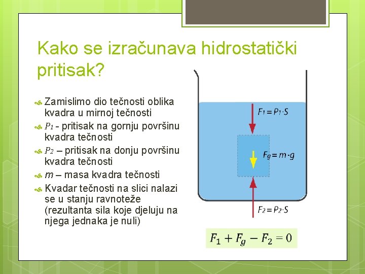 Kako se izračunava hidrostatički pritisak? Zamislimo dio tečnosti oblika kvadra u mirnoj tečnosti P