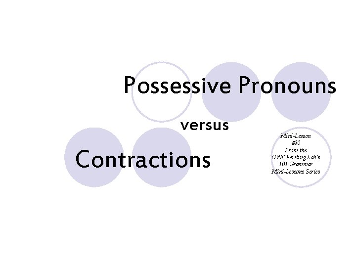 Possessive Pronouns versus Contractions Mini-Lesson #90 From the UWF Writing Lab’s 101 Grammar Mini-Lessons
