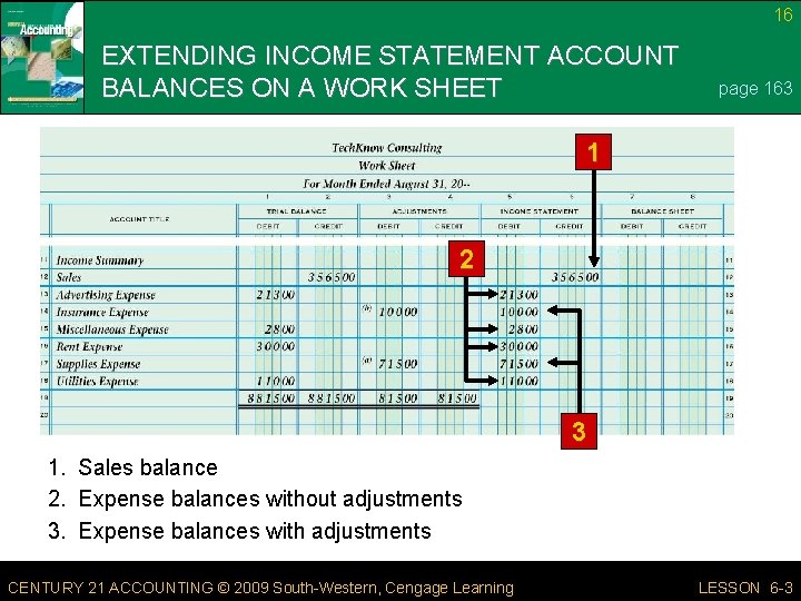 16 EXTENDING INCOME STATEMENT ACCOUNT BALANCES ON A WORK SHEET page 163 1 2