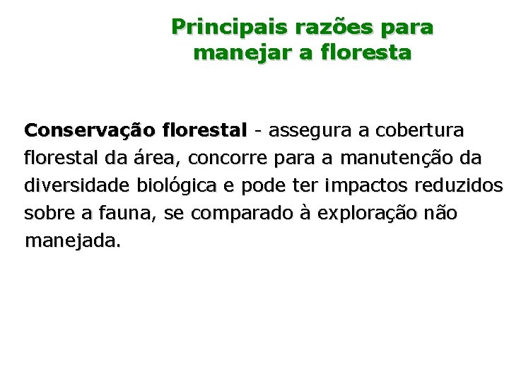 Principais razões para manejar a floresta Conservação florestal - assegura a cobertura florestal da