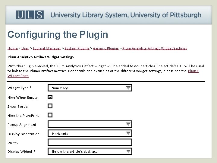 Configuring the Plugin Home > User > Journal Manager > System Plugins > Generic