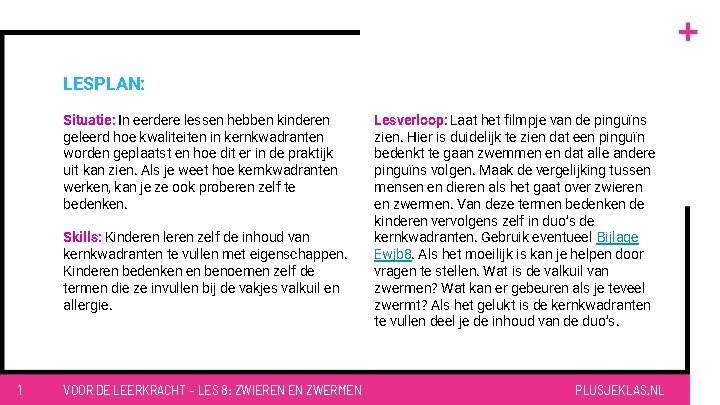 LESPLAN: Situatie: In eerdere lessen hebben kinderen geleerd hoe kwaliteiten in kernkwadranten worden geplaatst