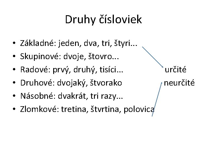 Druhy čísloviek • • • Základné: jeden, dva, tri, štyri. . . Skupinové: dvoje,