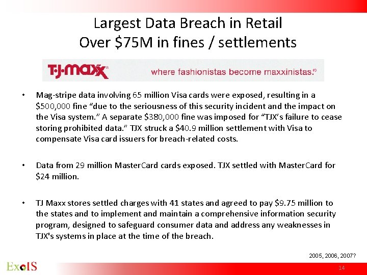 Largest Data Breach in Retail Over $75 M in fines / settlements • Mag-stripe Largest Data Breach in Retail Over $75 M in fines / settlements • Mag-stripe