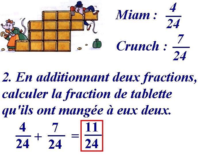 4 Miam : 24 7 Crunch : 24 2. En additionnant deux fractions, calculer