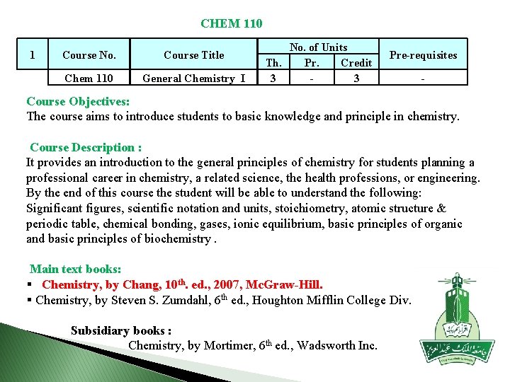 CHEM 110 1 Course No. Course Title Chem 110 General Chemistry I No. of