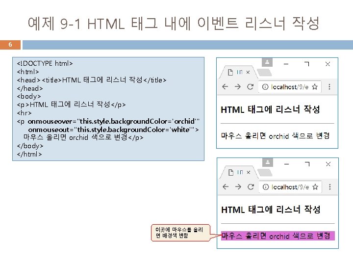 예제 9 -1 HTML 태그 내에 이벤트 리스너 작성 6 <!DOCTYPE html> <head><title>HTML 태그에