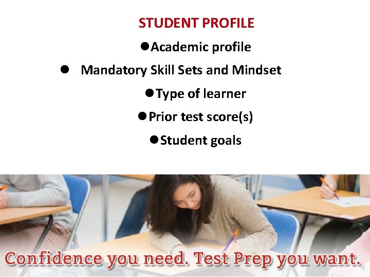STUDENT PROFILE Academic profile Mandatory Skill Sets and Mindset Type of learner Prior test