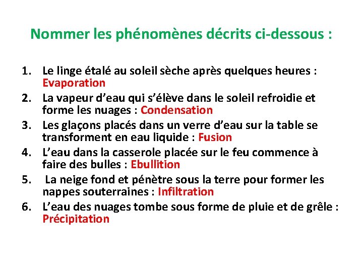 Nommer les phénomènes décrits ci-dessous : 1. Le linge étalé au soleil sèche après