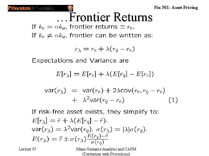 …Frontier Returns Lecture 07 Mean-Variance Analysis and CAPM (Derivation with Projections) Fin 501: Asset