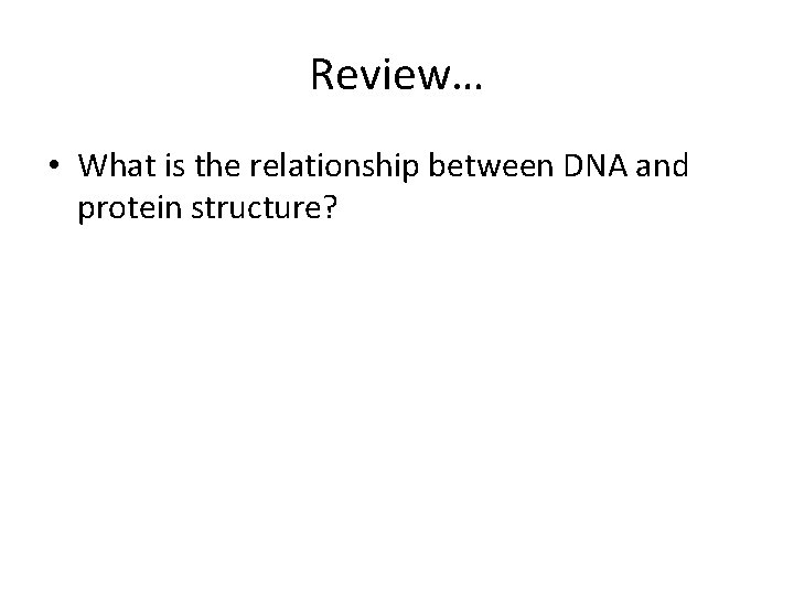 Review… • What is the relationship between DNA and protein structure? 