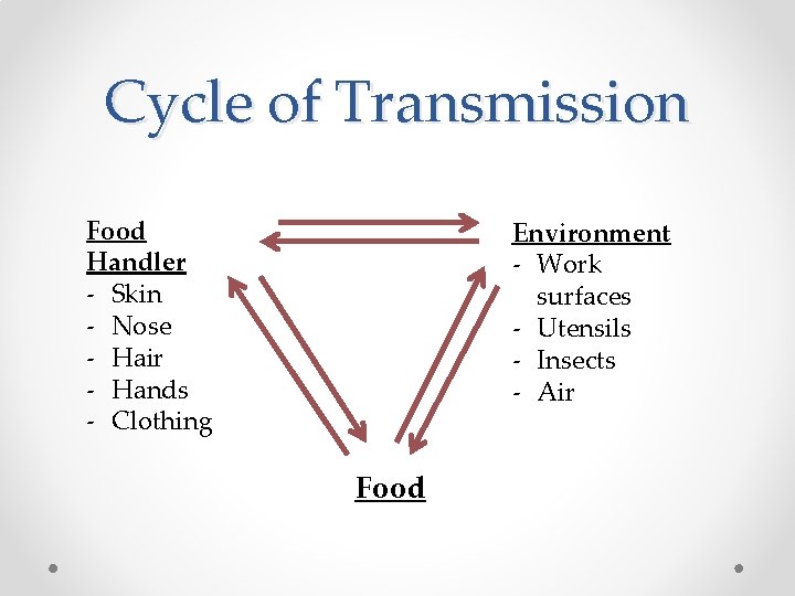 Cycle of Transmission Food Handler - Skin - Nose - Hair - Hands -