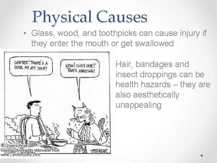 Physical Causes • Glass, wood, and toothpicks can cause injury if they enter the