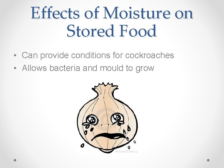 Effects of Moisture on Stored Food • Can provide conditions for cockroaches • Allows