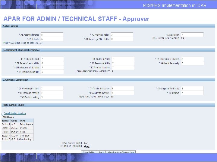 MIS/FMS Implementation in ICAR APAR FOR ADMIN / TECHNICAL STAFF - Approver MIS/FMS Implementation in ICAR APAR FOR ADMIN / TECHNICAL STAFF - Approver