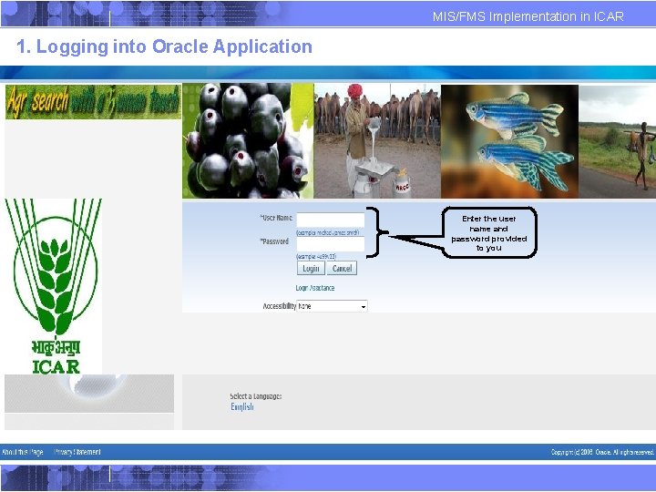 MIS/FMS Implementation in ICAR 1. Logging into Oracle Application Enter the user name and MIS/FMS Implementation in ICAR 1. Logging into Oracle Application Enter the user name and