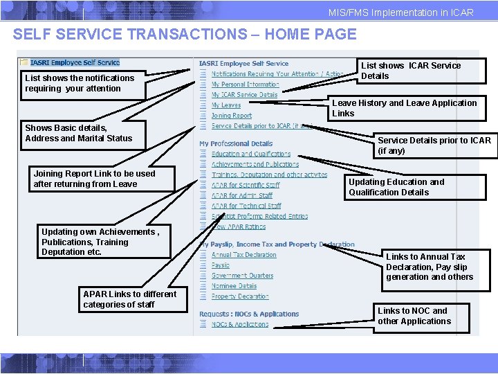 MIS/FMS Implementation in ICAR SELF SERVICE TRANSACTIONS – HOME PAGE List shows the notifications MIS/FMS Implementation in ICAR SELF SERVICE TRANSACTIONS – HOME PAGE List shows the notifications