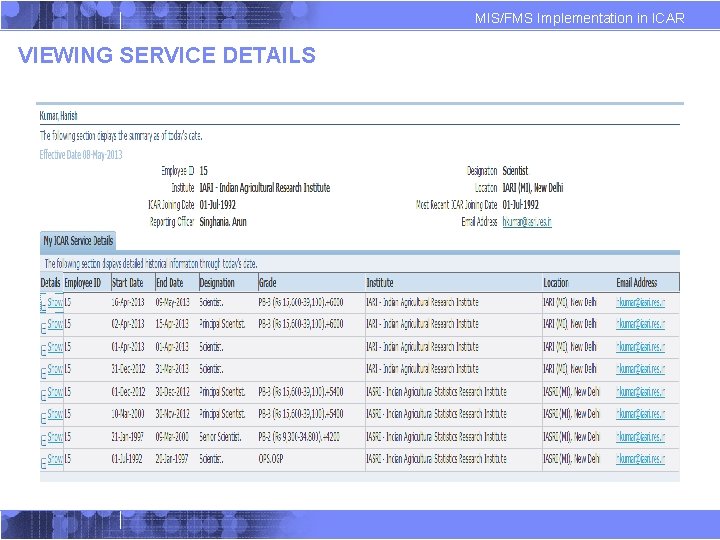 MIS/FMS Implementation in ICAR VIEWING SERVICE DETAILS MIS/FMS Implementation in ICAR VIEWING SERVICE DETAILS