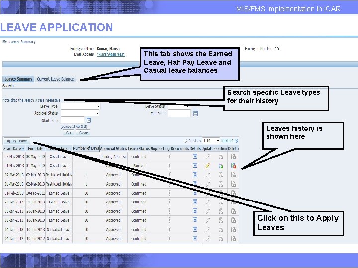MIS/FMS Implementation in ICAR LEAVE APPLICATION This tab shows the Earned Leave, Half Pay MIS/FMS Implementation in ICAR LEAVE APPLICATION This tab shows the Earned Leave, Half Pay
