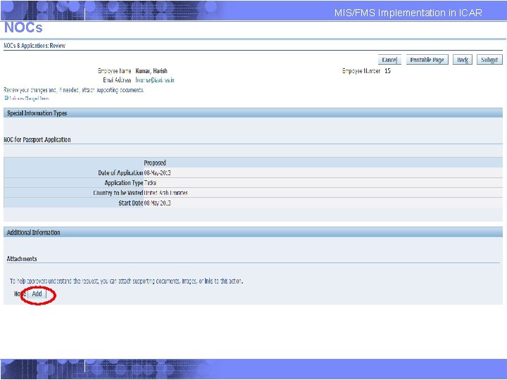 MIS/FMS Implementation in ICAR NOCs MIS/FMS Implementation in ICAR NOCs