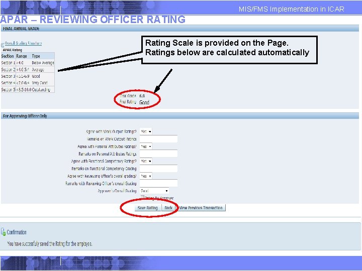 MIS/FMS Implementation in ICAR APAR – REVIEWING OFFICER RATING Rating Scale is provided on MIS/FMS Implementation in ICAR APAR – REVIEWING OFFICER RATING Rating Scale is provided on