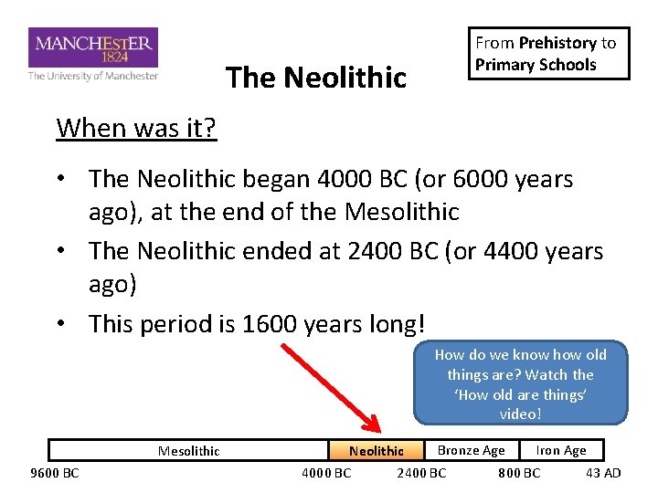 The Neolithic From Prehistory to Primary Schools When was it? • The Neolithic began The Neolithic From Prehistory to Primary Schools When was it? • The Neolithic began