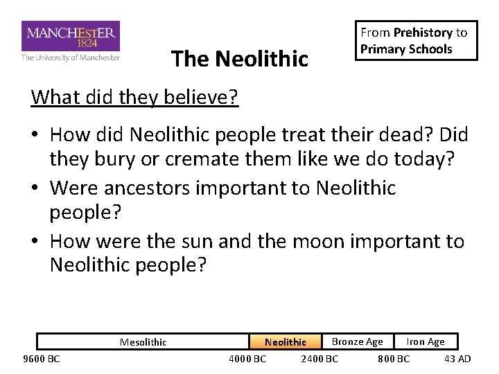 The Neolithic From Prehistory to Primary Schools What did they believe? • How did The Neolithic From Prehistory to Primary Schools What did they believe? • How did