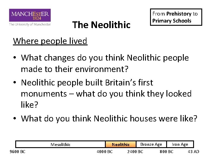 The Neolithic From Prehistory to Primary Schools Where people lived • What changes do The Neolithic From Prehistory to Primary Schools Where people lived • What changes do
