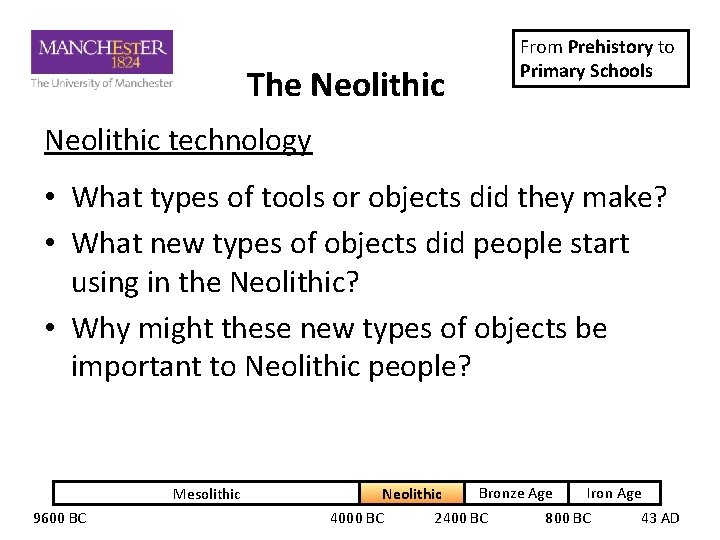 The Neolithic From Prehistory to Primary Schools Neolithic technology • What types of tools The Neolithic From Prehistory to Primary Schools Neolithic technology • What types of tools