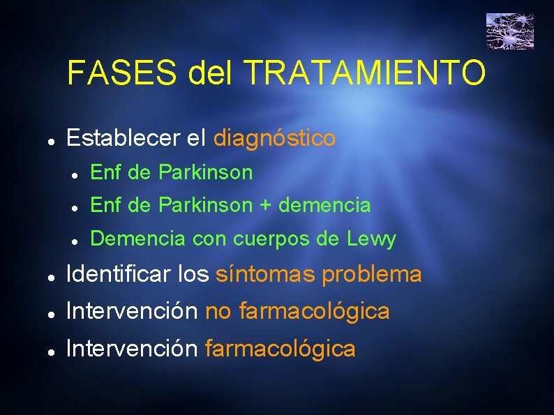 FASES del TRATAMIENTO Establecer el diagnóstico Enf de Parkinson + demencia Demencia con cuerpos