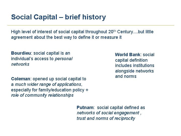 Social Capital – brief history High level of interest of social capital throughout 20