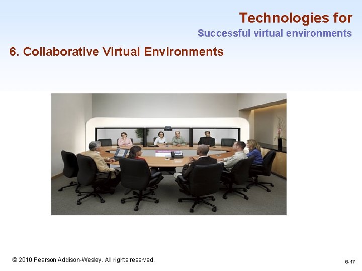 Technologies for Successful virtual environments 6. Collaborative Virtual Environments 1 -17 © 2010 Pearson