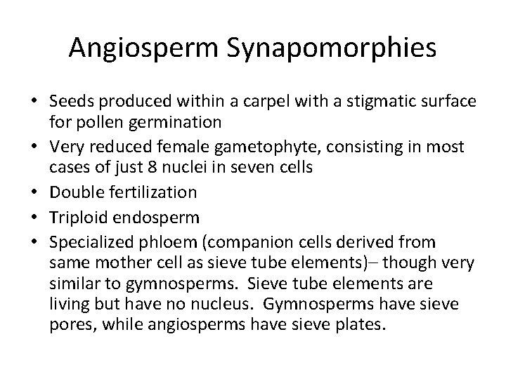 Angiosperm Synapomorphies • Seeds produced within a carpel with a stigmatic surface for pollen