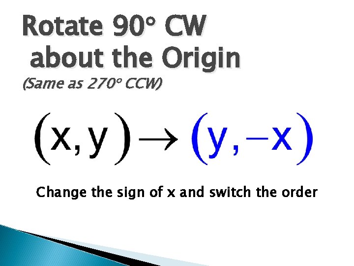 Rotate 90 CW about the Origin (Same as 270 CCW) Change the sign of