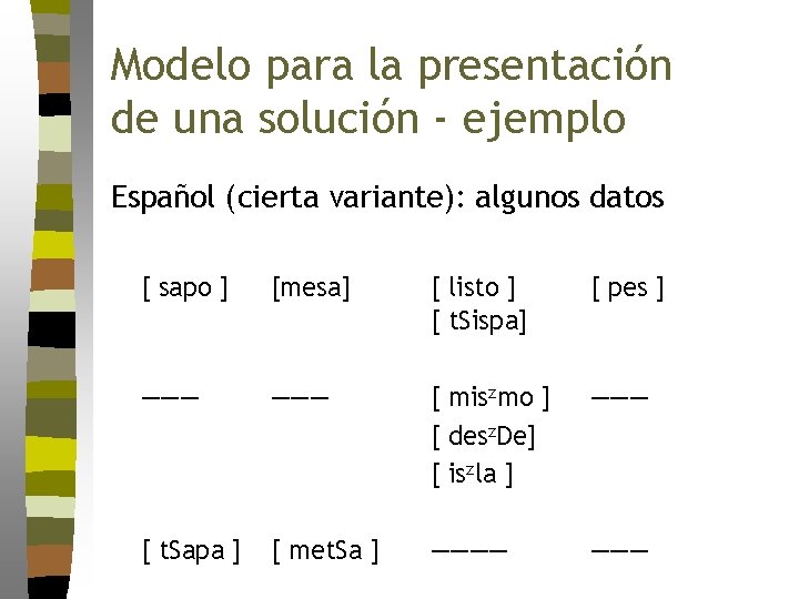 Modelo para la presentación de una solución - ejemplo Español (cierta variante): algunos datos