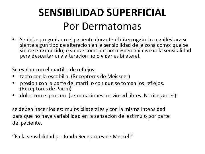 SENSIBILIDAD SUPERFICIAL Por Dermatomas • Se debe preguntar o el paciente durante el interrogatorio