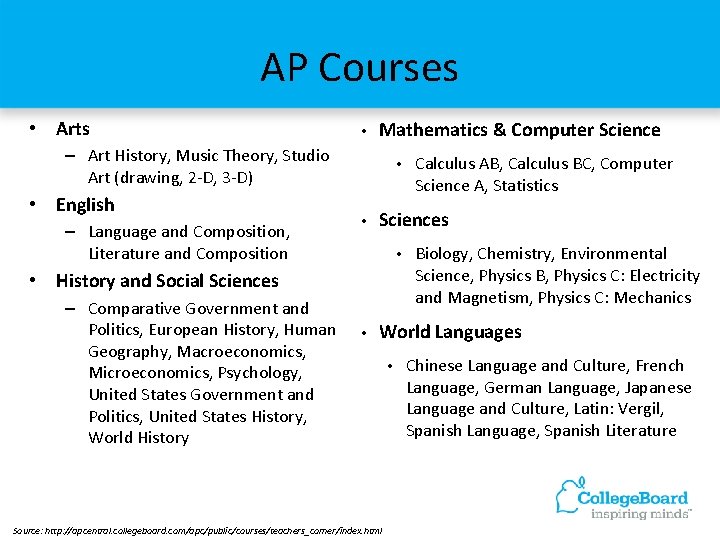 AP Courses • Arts • Mathematics & Computer Science – Art History, Music Theory,